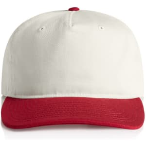 A two-tone cap featuring a cream top and a red brim, with a logo on the front.