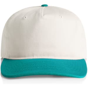 A two-tone cap featuring a white crown and a teal peak, complete with branding.