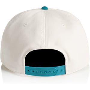 A two-tone cap featuring a white base with a teal back and adjustable strap. It has a logo on the back.