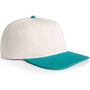 A two-tone cap featuring a white crown and a teal brim, equipped with a logo.