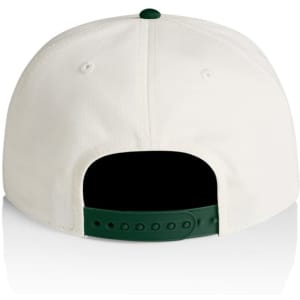 A two-tone cap featuring a white body and a dark green brim, with an adjustable snapback closure and ventilation eyelets.