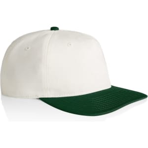 A two-tone cap featuring a white crown and dark green peak, with a logo on the front.