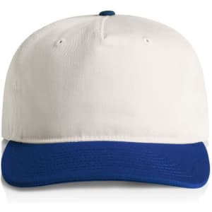A two-tone cap featuring a white crown and a blue peak, with a logo on the front.