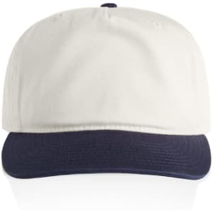 A two-tone cap featuring a white crown and a navy blue peak, complete with a logo on the front.