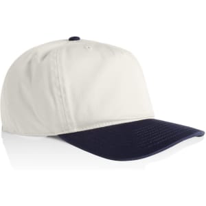 A two-tone cap featuring a cream-coloured crown and a navy blue peak, with a logo on the front.