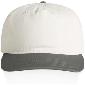 A two-tone cap featuring a white crown and a grey peak. The cap has a logo on the front.