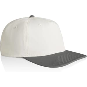 A two-tone cap featuring a white crown and a grey peak, with a button on top and a branded label.