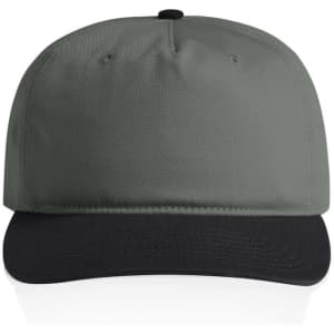 A two-tone cap featuring a green crown and a black peak, designed for headwear. It has a logo on the front.
