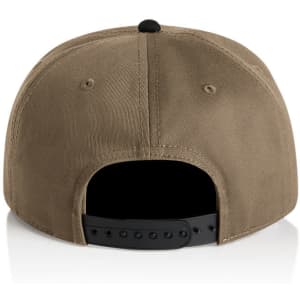 A two-tone cap in brown and black with a black adjustable strap at the back. It features a logo.