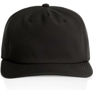 A black cap with a slightly curved brim and a plain design, featuring a logo on the front.