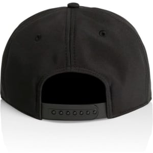 A black cap with a rounded back and an adjustable strap, featuring a logo on the side.