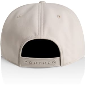 A beige cap with a snapback closure and a logo on the back. The interior is black.