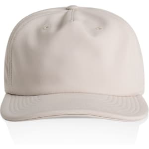 A beige cap with a flat brim and a logo on the front, showcasing a simple and modern design.