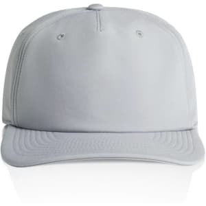 A light grey cap with a flat brim and an embroidered logo on the front.