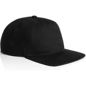 A black cap with a flat brim and an adjustable strap at the back, featuring a logo.