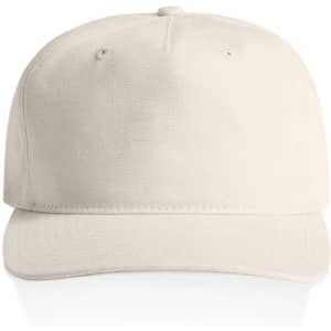 A beige cap with a flat brim and a structured front. It features a brand logo on the side.