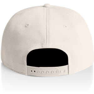 A beige cap with a rear adjustable strap and a logo on the back.