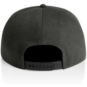 A dark green cap featuring a black adjustable strap and a plain back. Includes a logo.