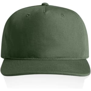 A green cap with a flat brim and a logo on the front, featuring a simple and clean design.
