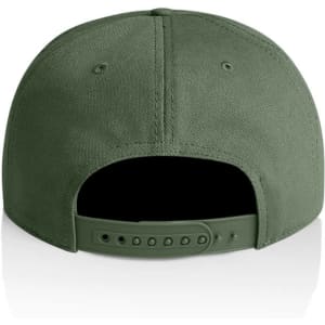A green cap featuring a smooth finish and an adjustable strap at the back. Includes a logo.