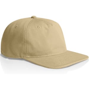 A beige cap featuring a structured design and a stiff peak, with ventilation holes and a logo present.
