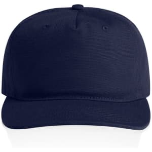 A navy blue cap with a flat peak and a structured crown, featuring a branding logo.