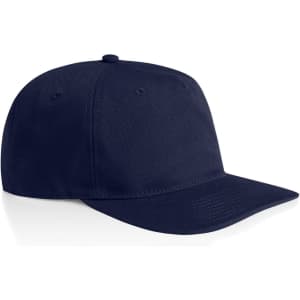 A navy cap with a structured design and a curved brim, featuring a logo on the front.