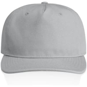 A grey cap featuring a flat brim and an adjustable strap, equipped with a logo on the front.