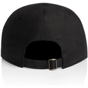 A black cap with a textured fabric and an adjustable strap at the back. It features a logo on the side.