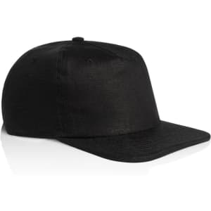 A black cap with a flat brim and a classic design, featuring a logo on the front.