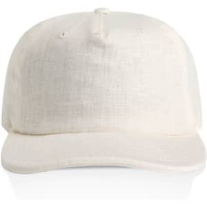A cap in a light cream colour with a textured fabric and a front panel. It features a logo.