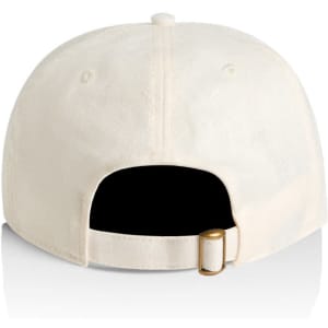 A cream-coloured cap with a back opening and an adjustable strap. It features a logo on the side.