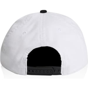 A two-tone cap featuring a white body and a black visor, with a logo on the back panel.