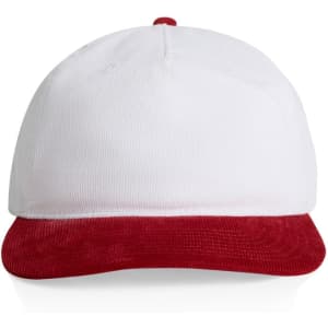 A two-tone cap with a white fabric body and a red corduroy brim, featuring a logo on the front.