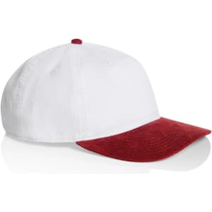 A two-tone cap featuring a white crown and a red brim, with a logo on the side.