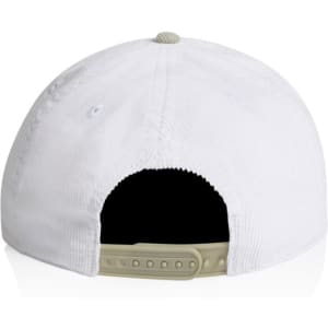 A two-tone cap featuring a white front and a black back, with an adjustable strap. It has a branding logo.