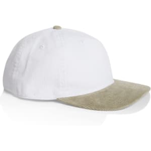 A two-tone cap featuring a white fabric crown and a beige corduroy brim, with a logo on the front.