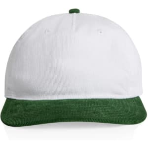 A two-tone cap featuring a white body and a green brim, with a logo on the front.