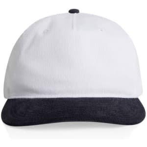 A two-tone cap featuring a white crown and a dark navy peak, with a logo on the front.