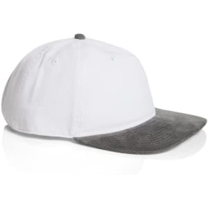 A two-tone cap featuring a white body and grey corduroy peak, with a logo on the side.