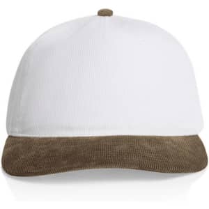 A two-tone cap featuring a white upper and a brown corduroy brim, with a logo on the front.