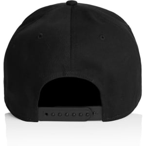 A black cap featuring a snapback closure and a plain design with no visible branding.