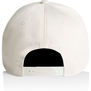 A white cap with a black underside, featuring a logo on the back.
