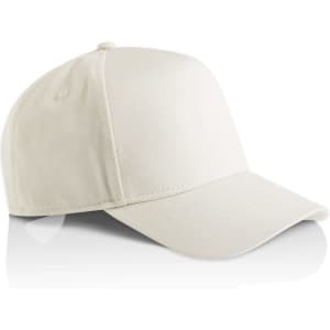 A beige cap with a curved brim and a structured design, featuring a logo on the front.