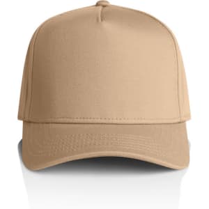 A beige cap with a structured design and a curved brim, featuring a logo on the front.