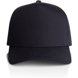 A black cap featuring a logo on the front, displaying a simple and sleek design.