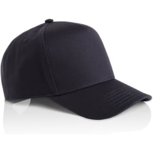 A dark navy cap with a structured design and curved peak, featuring a logo on the front.