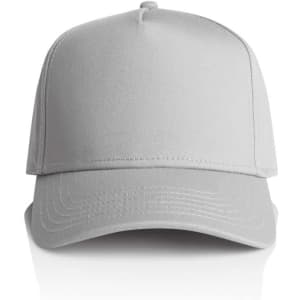 A grey cap with a structured design and a curved brim, featuring a logo on the front.