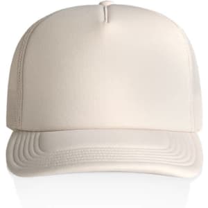 A cream-coloured trucker cap featuring a smooth front panel and a mesh back, including a logo.