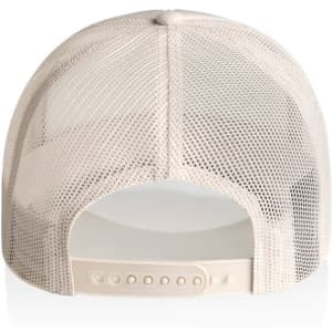 A beige Frame Foam Trucker Cap with a mesh back and an adjustable strap. It features a logo.
